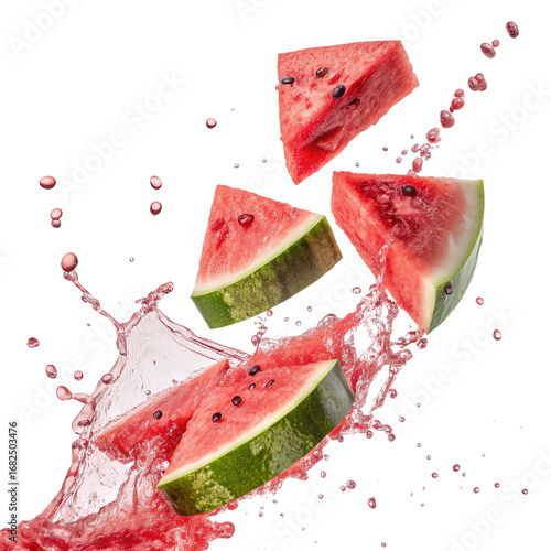 Flying pieces of watermelon with juice splashing and drops isolated png refreshing summer fruit action png juicy watermelon pieces png transparent background image