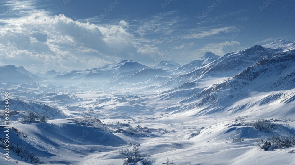 Obraz premium Vast Snowy Mountainscape Bathed in Ethereal Light Under a Star-Dusted Sky