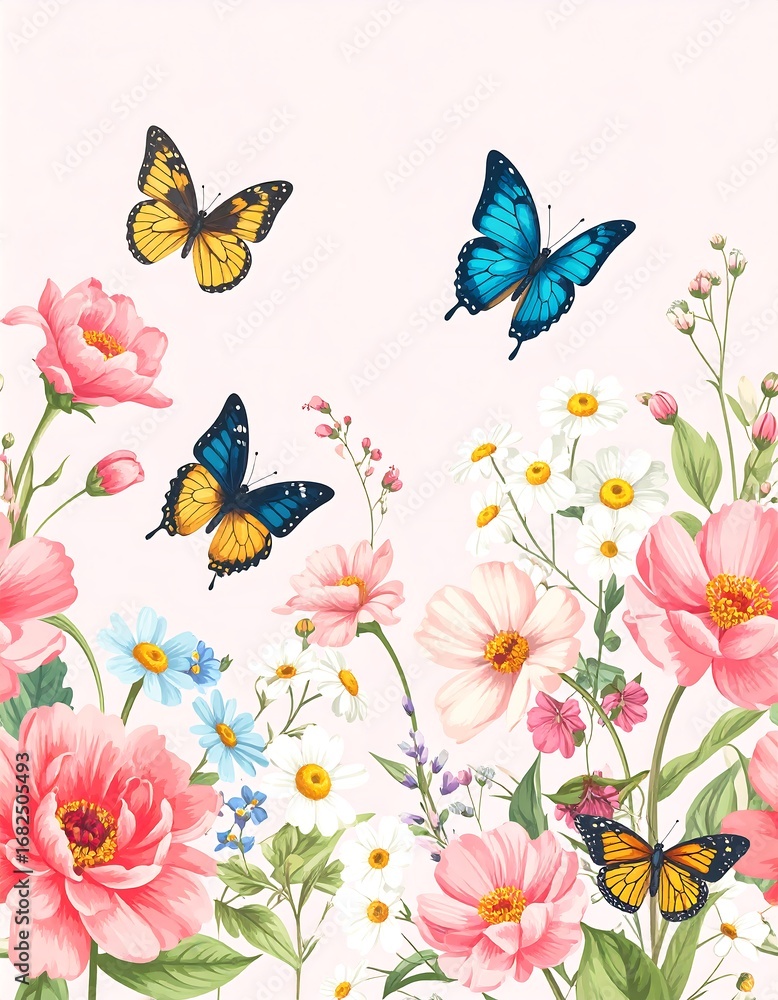 Fototapeta premium Delicate floral print with butterflies