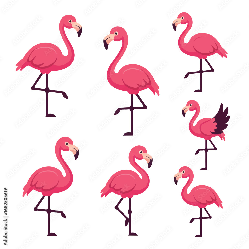 Obraz premium Vibrant flat 2D flamingo mascot vector illustrations form an adorable animal logo set, featuring smooth lines, bright pink feathers, and isolated on a clean white background.
