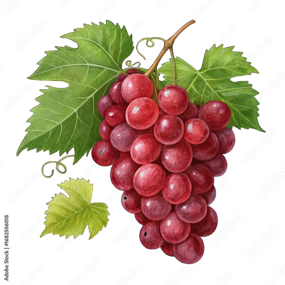 Fototapeta premium Fresh red grape with leaves isolated on transparent background, ripe fruit close-up, vibrant red grape bunch, juicy vineyard harvest, grapevine leaves detail, transparent PNG image