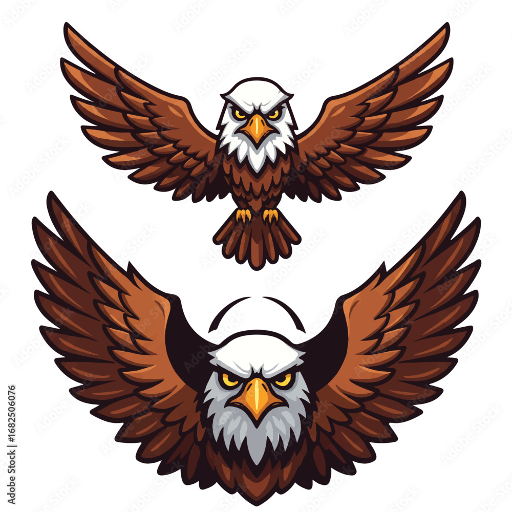 Fototapeta premium A powerful set of flat 2D vector eagle mascot animal illustrations, showcasing majestic raptors with various expressions, isolated on a pristine white background.