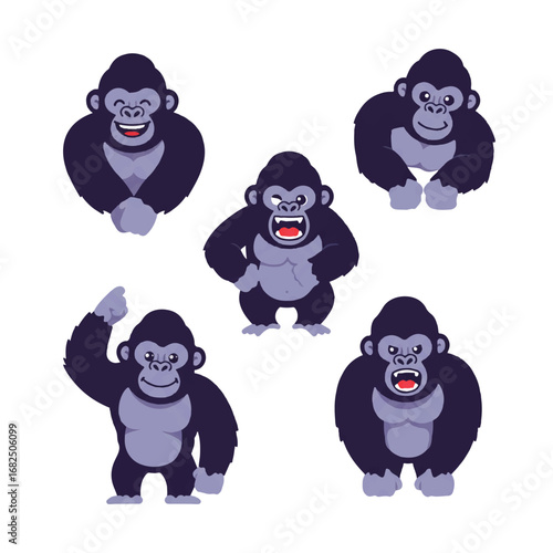 Flat 2D vector illustration of a powerful gorilla mascot animal logo set, showcasing a stylized primate character against a clean white background.
