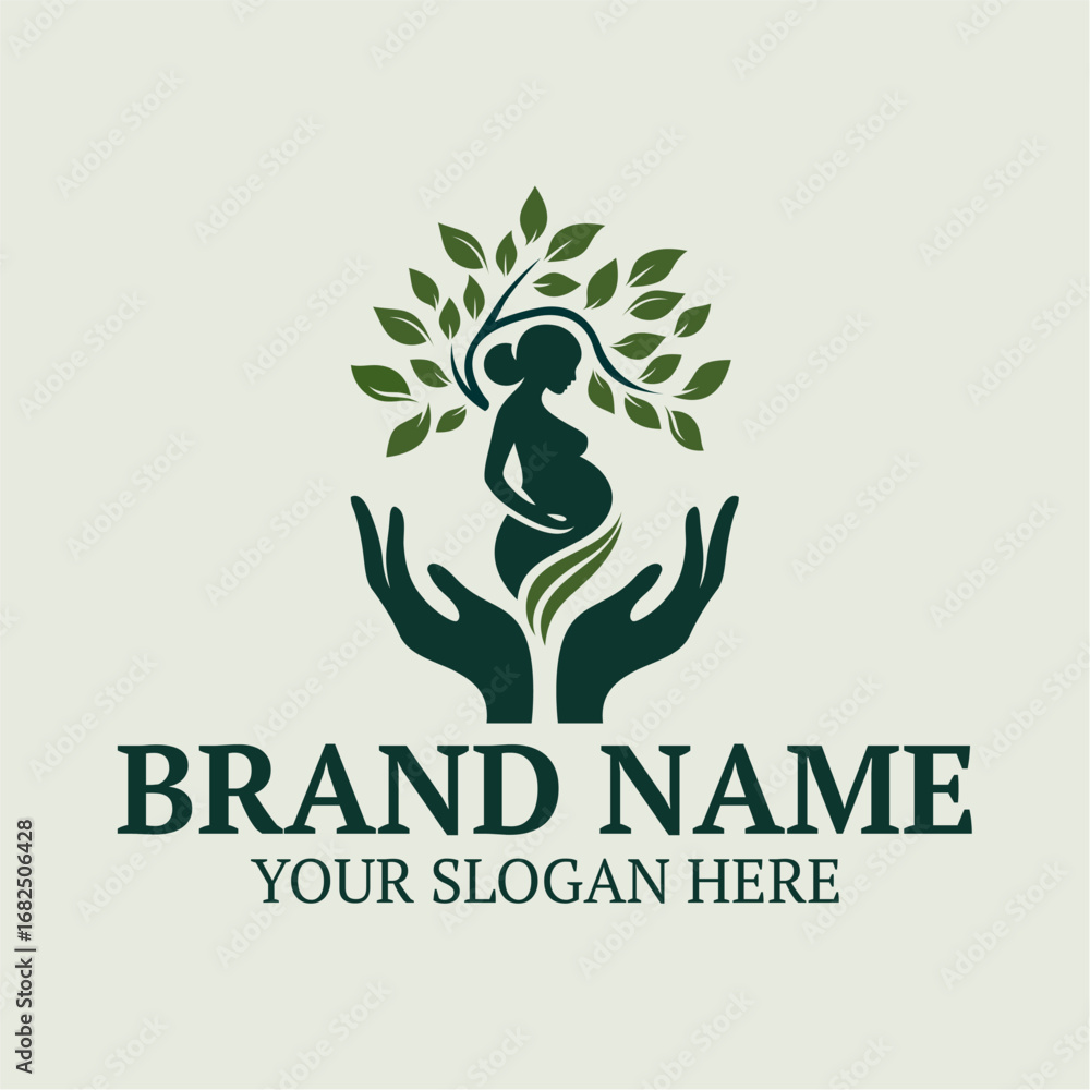Fototapeta premium Pregnancy Care Logo Design with Mother, Hands, and Tree Symbol