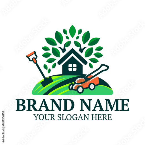 Gardening and Landscaping Logo Design with House, Lawn, and Tools
