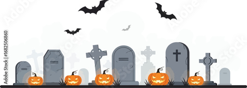 Halloween graveyard scene with tombstones, crosses, pumpkins, bats, and fog for spooky season celebration