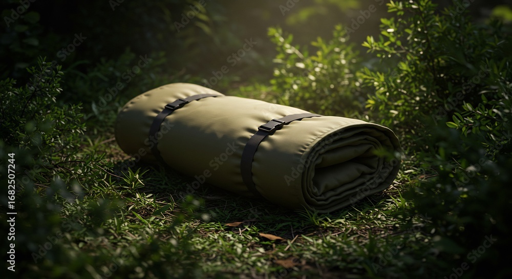 Fototapeta premium 緑の森に置かれた折り畳み式キャンプ用マットレス写真 自然光と影の描写