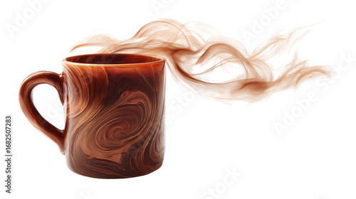 Hot chocolate in a swirling mug with a milk splash