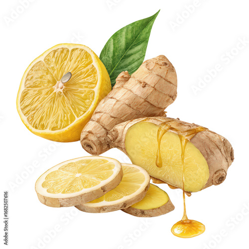 ginger, lemon and Honey isolated natural medicine for seasonal cold and flu png  ginger slice with honey lemon png natural medicine png
