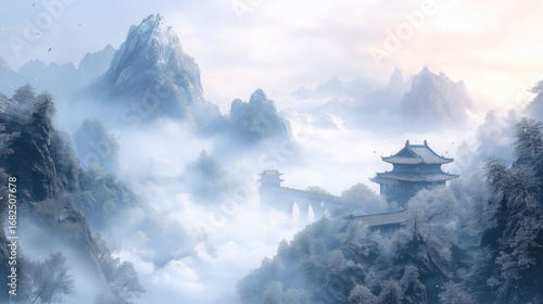 Snowy Chinese Landscape with Misty Pavilions and Birds, Classical Serene Scene for Design and Culture Promotion