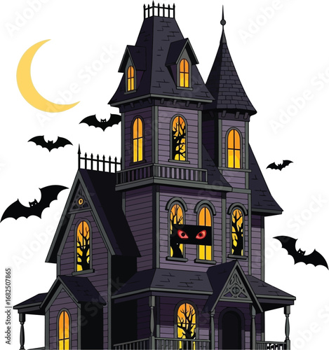 Spooky haunted house with bats flying around it under a crescent moon, perfect for halloween night