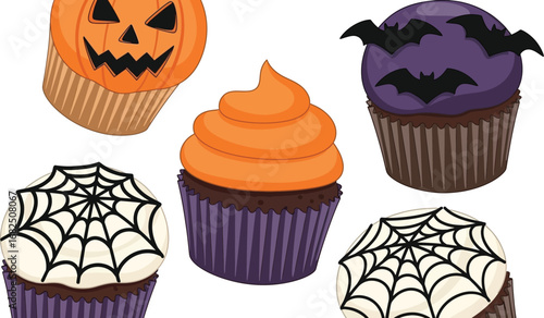 Five Halloween cupcakes with pumpkin, bat, spiderweb, and orange frosting festive treats for a spooky celebration