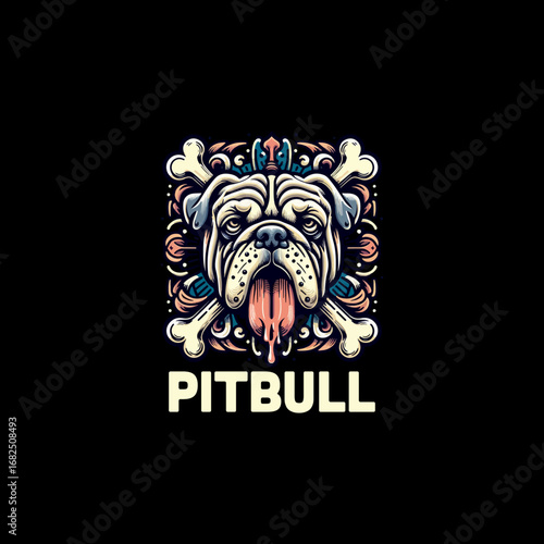 Pitbull dog illustration with bones and decorative elements.