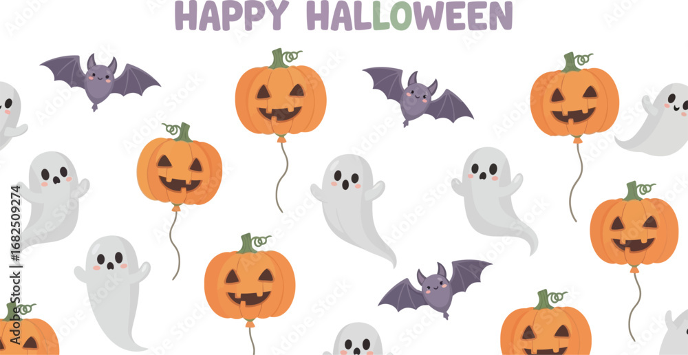 Naklejka premium Happy halloween seamless pattern featuring cute ghosts, bats, and pumpkin balloons, festive design for wrapping paper, fabric, or decoration