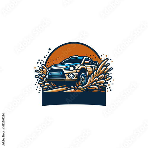 Rally car racing on dirt road, sport car illustration.