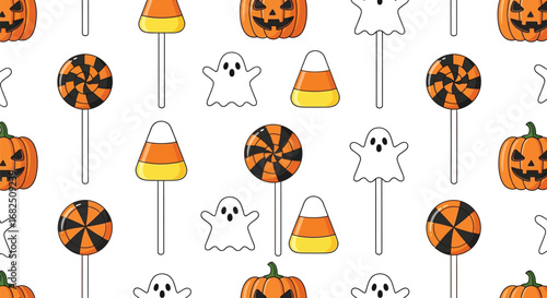 Festive halloween seamless pattern featuring pumpkins, ghosts, candy corn, and lollipops, perfect for backgrounds and designs