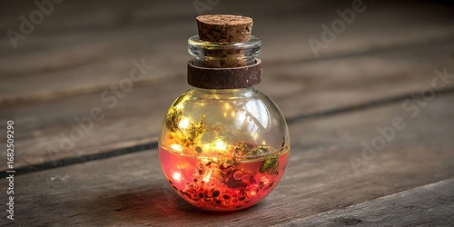 Glowing potion bottle with red liquid, glitter, cork, on wood surface