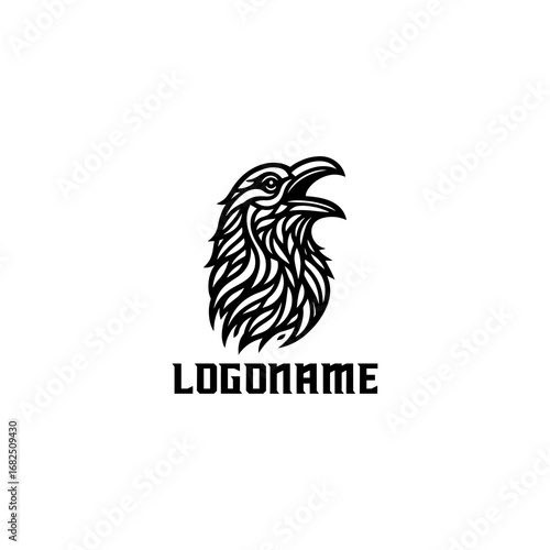 Raven head logo design with open beak in black and white.
