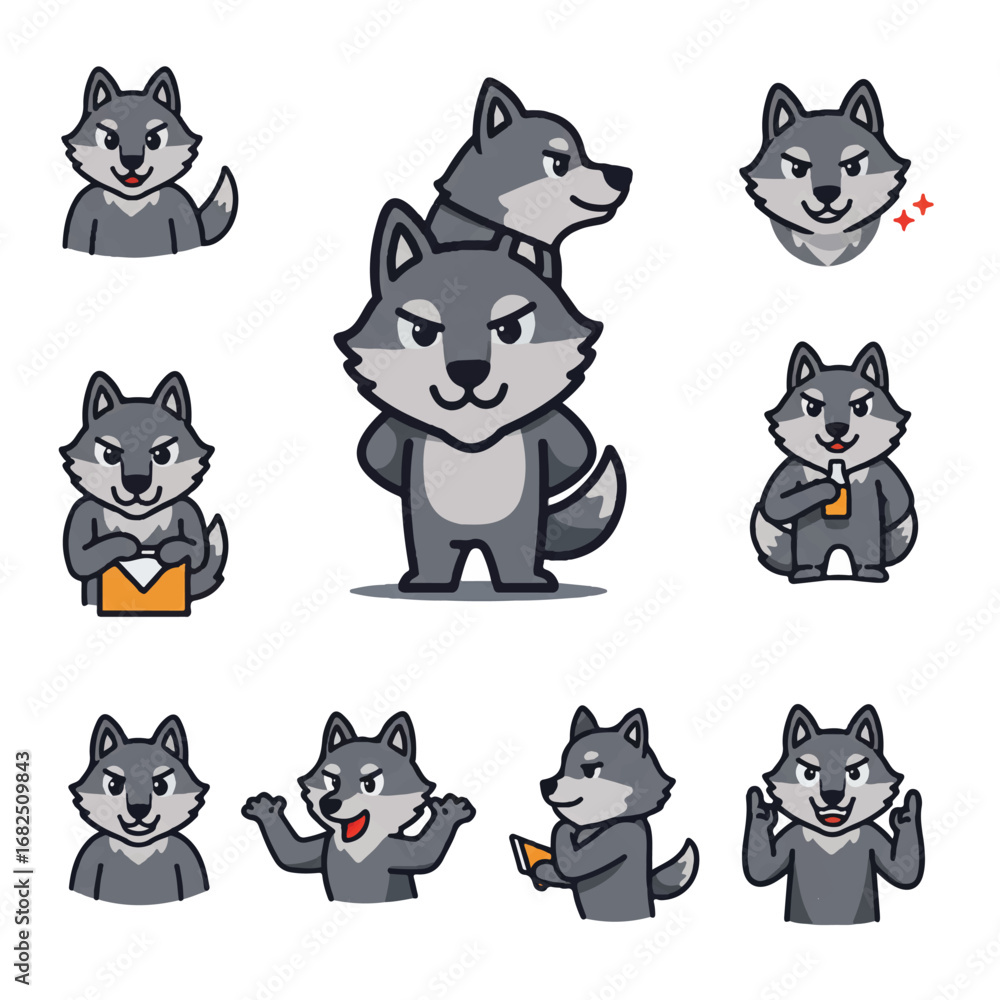 Obraz premium Dynamic flat 2D vector wolf mascot illustration featuring a versatile collection of stylized canine characters, isolated on a clean white background.
