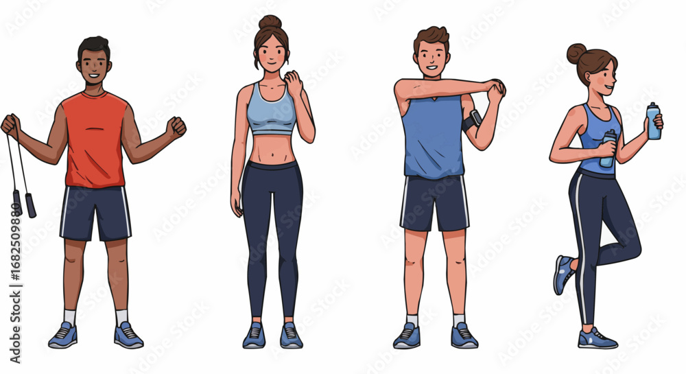 Obraz premium Diverse individuals preparing for or recovering from a workout, showcasing various warm-up and cool-down exercises.