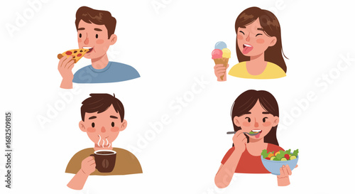 Happy people enjoying diverse meals: pizza, ice cream, coffee, and salad.