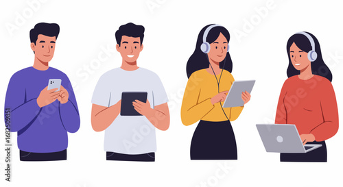 Four diverse individuals are interacting with digital devices, showcasing modern technology use.