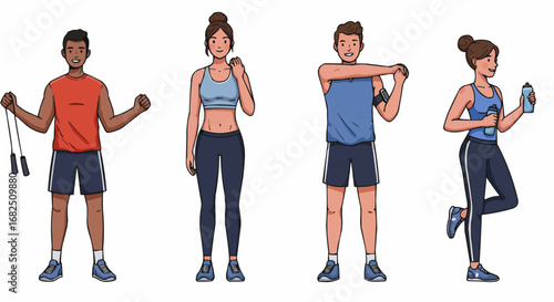 Diverse individuals preparing for or recovering from a workout, showcasing various warm-up and cool-down exercises.