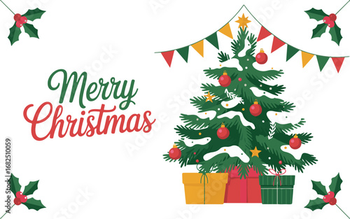 Merry christmas tree with gifts and holly decorations
