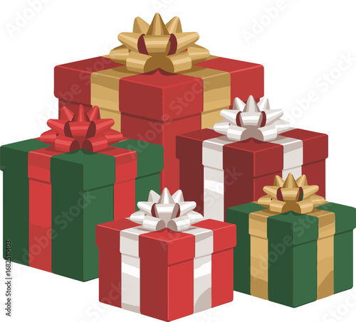Festive stack of red and green christmas gift boxes with ribbons
