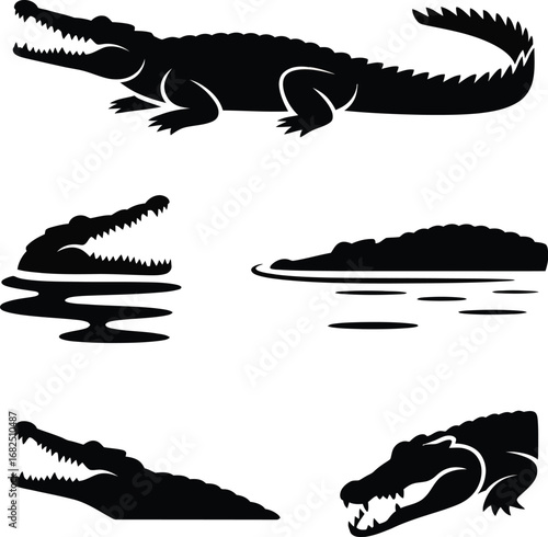 Trusted Crocodile Silhouette Vector Set  Minimalist Wildlife Predator Icons for Branding, Signage, Education, and Print  Royalty-Free Design