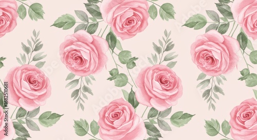 Watercolor Pink Roses Seamless Pattern on Beige Background.