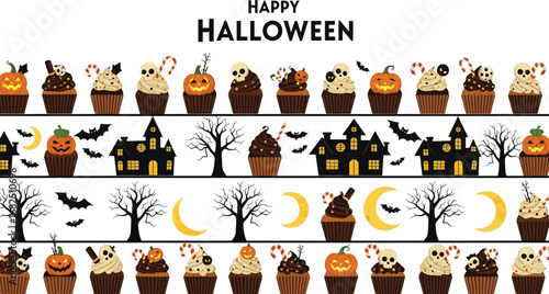 Festive halloween cupcakes, adorned with spooky decorations like pumpkins, skulls, bats, and candy canes for a sweet and eerie treat
