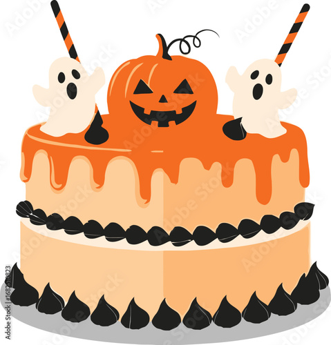 A festive halloween cake decorated with a pumpkin and ghosts, perfect for a spooky celebration