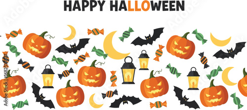Seamless halloween pattern featuring pumpkins, bats, candies, lanterns, and moons, creating a festive and spooky design