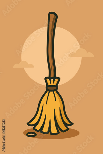 Flat Vector Illustration of a witch broom with straw bristles