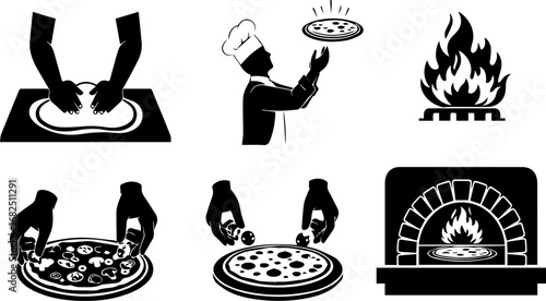 Pizza Preparation and Baking Process Black and White Illustration | Steps of Dough Kneading, Tossing, Topping, and Oven Baking for Food Industry, Recipes and Culinary Education