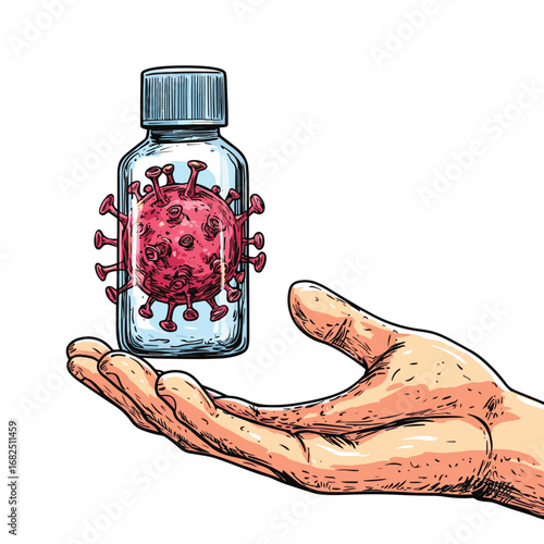 Close-up hand with sanitising hand gel to prevent Covid-19 virus vector illustration hand drawn isolated on white background , vector style simple color