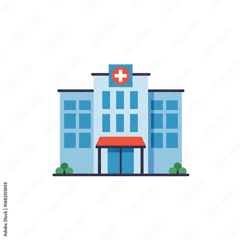 Obraz premium Flat design illustration of a modern hospital building with a red cross symbol on a white background.