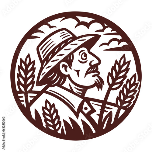 A farmer with a hat stands in a wheat field, looking up at the sky. Vintage style illustration