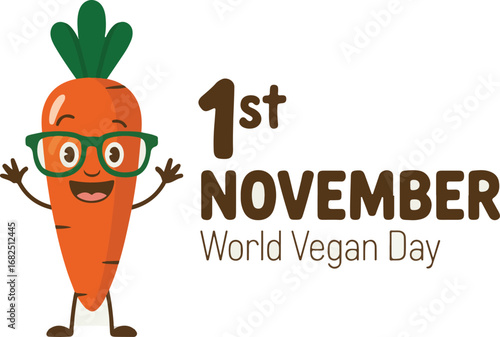 Happy carrot character celebrates world vegan day on november 1st