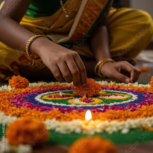 
Woman creating colorful rangoli with flower petals for Onam celebration in India. Onam Pookalam for Kerala's harvest festival celebrating King Mahabali's return.