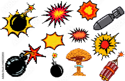 Set of mosaic vintage explosion icons. Pixel bomb icons. Vector illustration