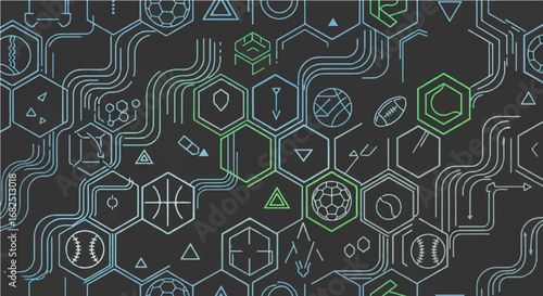 Abstract futuristic sports technology background with data network and hexagonal grid illustration