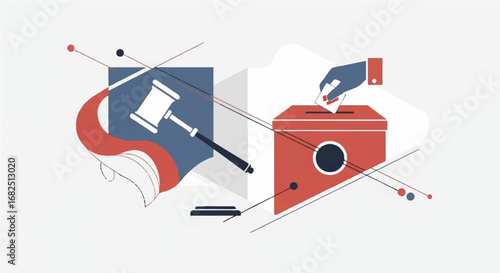 Abstract illustration showing the relationship between the judicial system and democratic elections with a gavel and ballot box