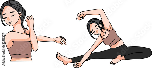 フィットネスをする女性・ストレッチをする女性の手書きイラスト