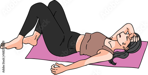 ヨガマットの上で汗を流して疲れる女性のイラスト