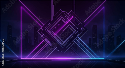 Glowing geometric portal in a futuristic cyber world with vibrant pink and blue neon lights on a reflective stage