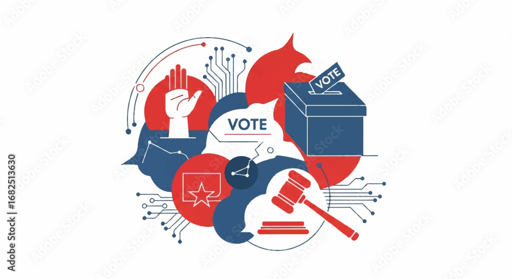 Obraz premium Digital Democracy and Election Process Illustration A Modern Approach to Voting, Law, and Civic Participation in the Information Age, emphasizing technological integration and societal impact