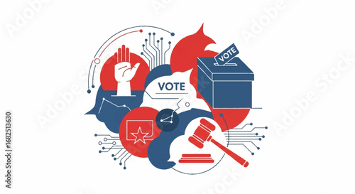 Digital Democracy and Election Process Illustration A Modern Approach to Voting, Law, and Civic Participation in the Information Age, emphasizing technological integration and societal impact