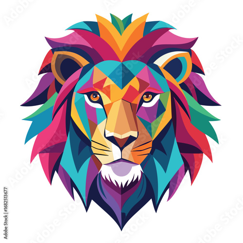 Geometric Lion Face Vector Illustration, Vibrant Multi-Color Mane with Cyan, Magenta, and Yellow, Clean Stylized Design